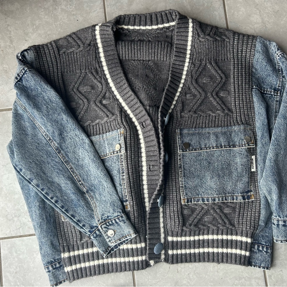 Gray and Blue Cable-Knit Cardigan Sweater